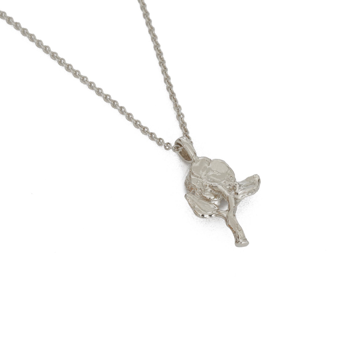 Mini Rose With Stem Silver Necklace