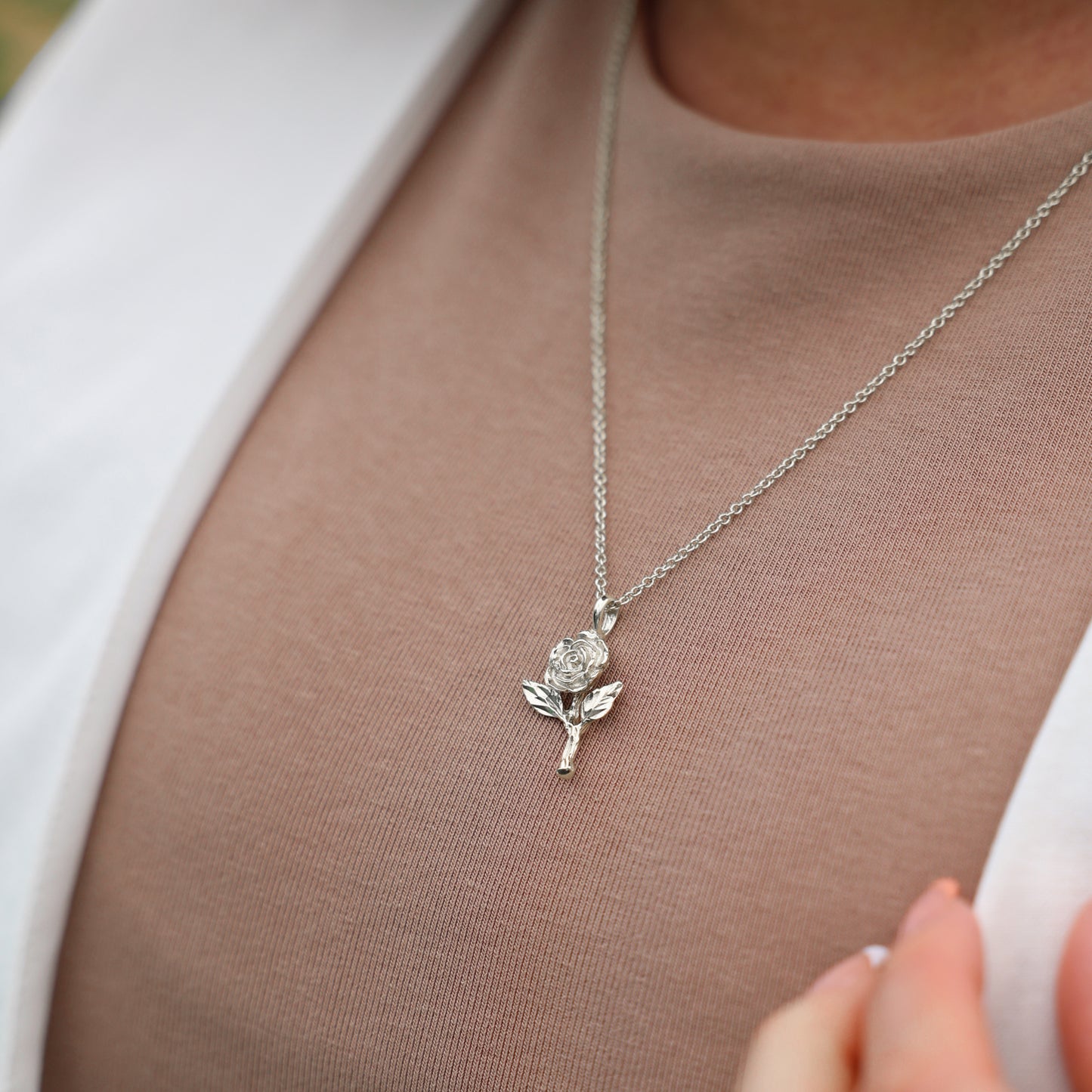 Mini Rose With Stem Silver Necklace