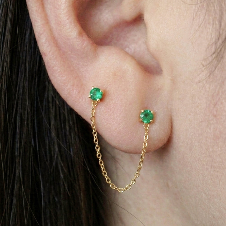 Lab Grown 3mm Emerald Stud Earrings With Chains