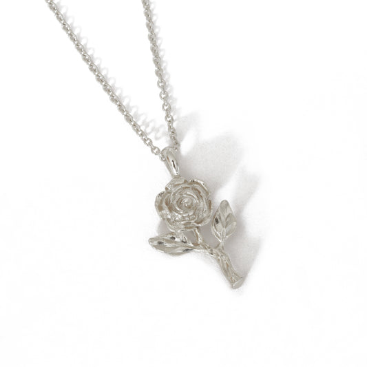 Mini Rose With Stem Silver Necklace